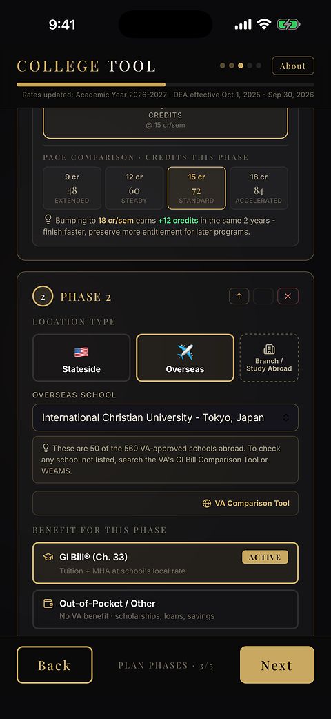 Two phases of a college plan side by side in College Tool, the University of Colorado Boulder followed by a term overseas, each with its own benefit and housing figure.