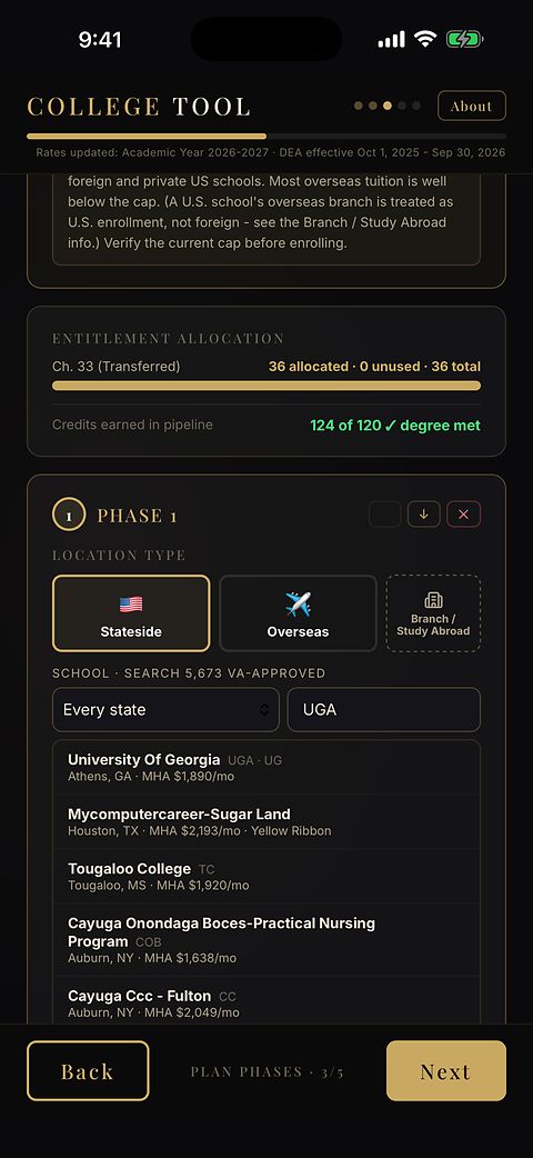 School search in College Tool: typing UGA finds the University of Georgia with its monthly housing figure of 1,890 dollars.