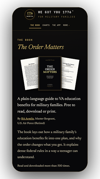 The book's page on a phone, where the current version of The Order Matters is free to read, download or print.