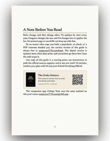 A Note Before You Read, the page at the front of The Order Matters, with a link to the current version of the guide at wegotyou1776.com/book.